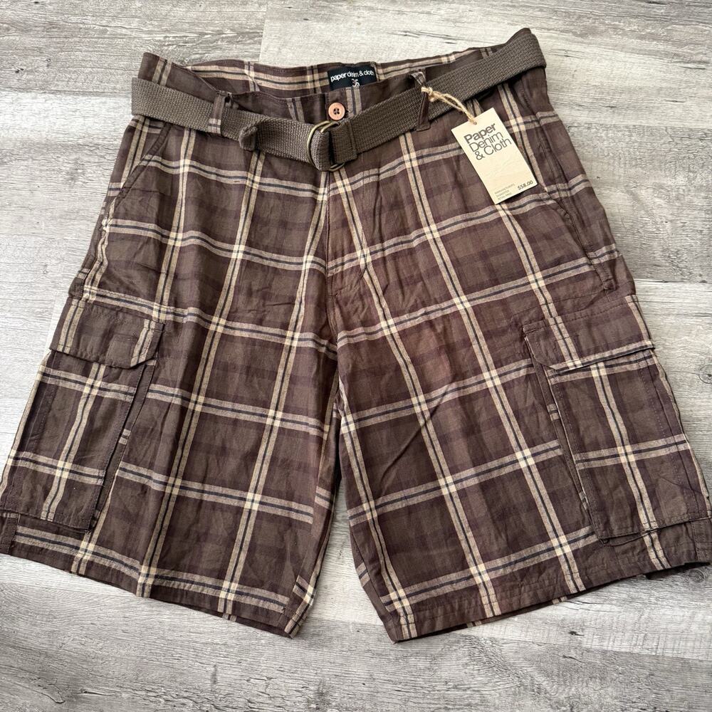 Paper Denim and Cloth Belted Cargo Shorts Mens 36 Brown Plaid Madras Cotton NEW